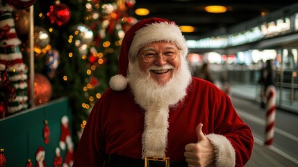 A heartwarming image of a cheerful Santa Claus giving a joyful thumbs-up gesture, surrounded by sparkling holiday decorations and festive lights, radiating happiness and good tidings