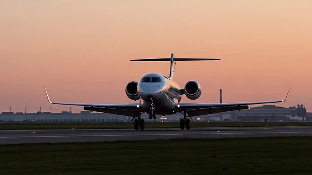 Private jet take off at sunset