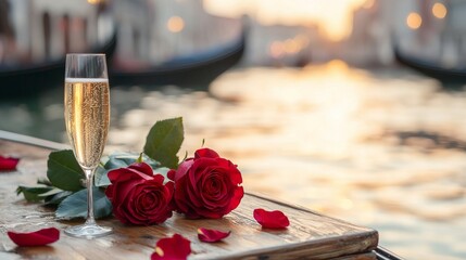 Romantic evening with champagne and roses by the canal