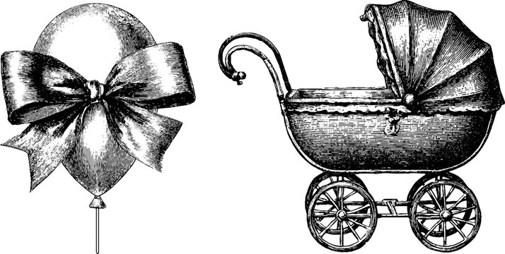 Vintage engraved illustration set of baby carriage and balloon for retro design