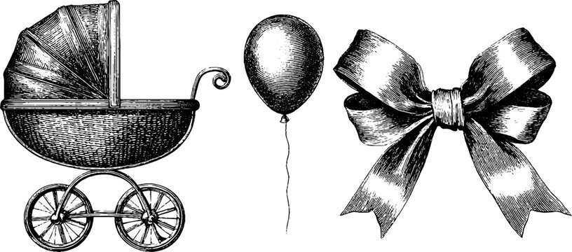 Vintage baby carriage, balloon, and ribbon set for retro design