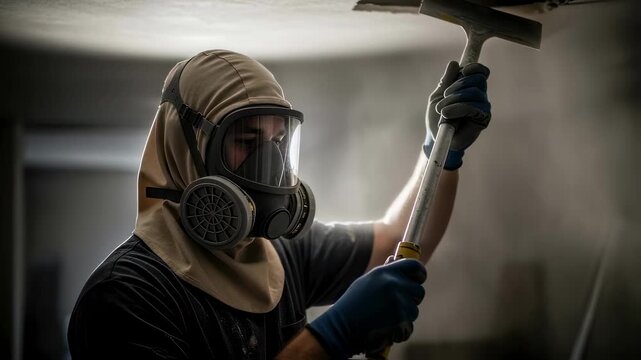 Construction professional donning a protective hood and respirator to guard against inhaling hazardous particles during ceiling texture removal.