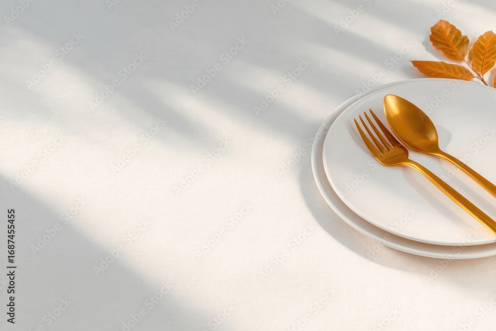 Poster elegant table setting featuring golden utensils on pristine whit