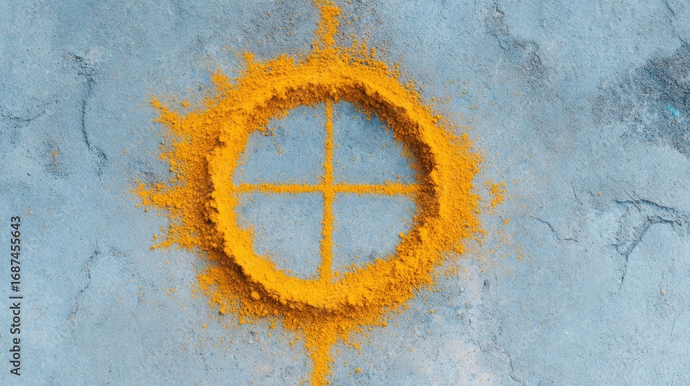 Poster bright orange powder forms circle with intersecting lines on tex