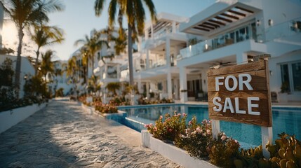 Fototapeta premium for sale real estate sign in front yard with modern house in background