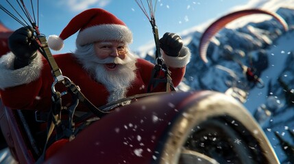 Santa Claus Paragliding Adventure Through Snowy Mountains