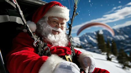 Santa Claus experiencing a thrilling paragliding adventure over a snow-covered mountain landscape, enjoying the winter holidays