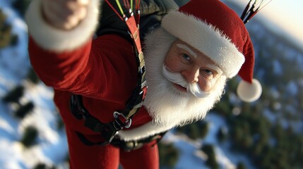 Santa Claus embarks on a thrilling aerial journey, paragliding high above a picturesque winter wonderland, spreading holiday cheer with an adventurous spirit