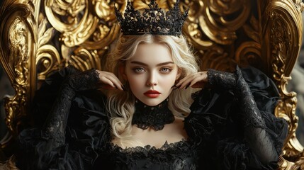 Fototapeta premium Regal woman in dark attire and crown seated on an ornate throne