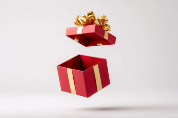 Open Red Gift Box with Ribbon on White Background