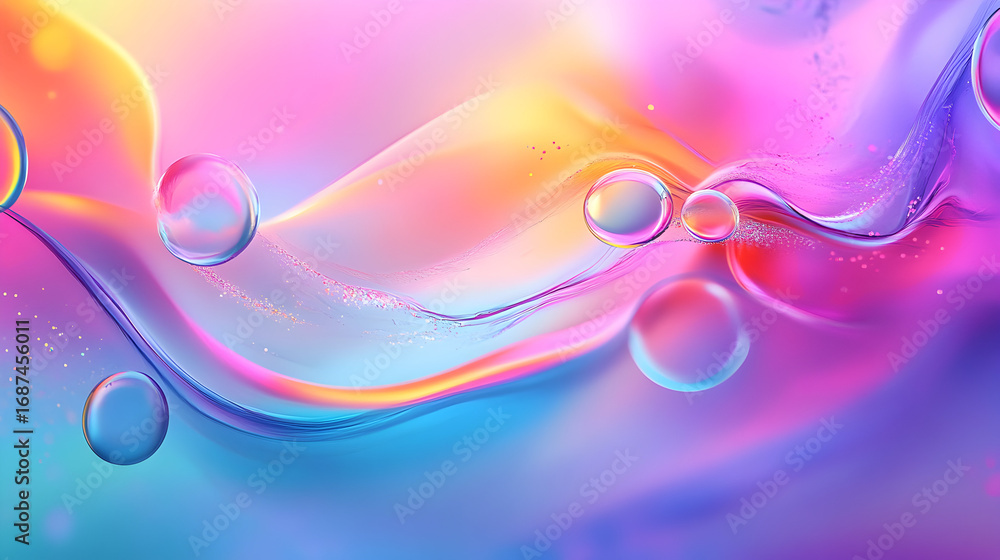 Poster abstract pastel gradient background with floating spheres and flowing lines