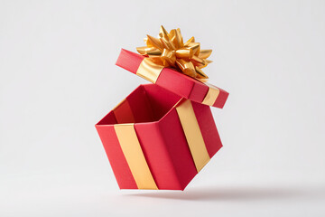 Open Red Gift Box with Ribbon on White Background