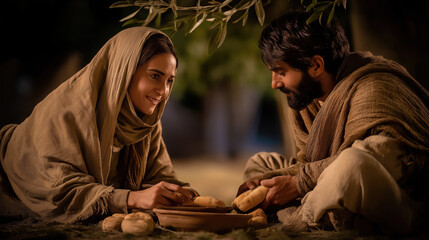 Isaac and Rebekah share a quiet meal beneath the shade of a wide acacia tree, gentle breeze moving the branches, their eyes meeting in tender devotion, symbolizing love and covenant..