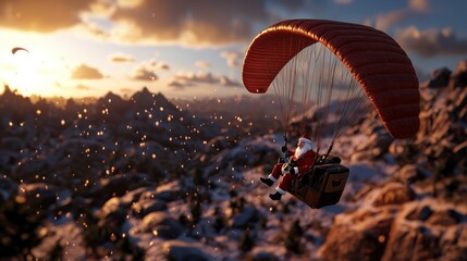 Santa Claus Paragliding Over Snowy Mountains at Sunset