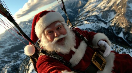 Santa Claus Paragliding Over Snowy Mountains A Festive Holiday Adventure