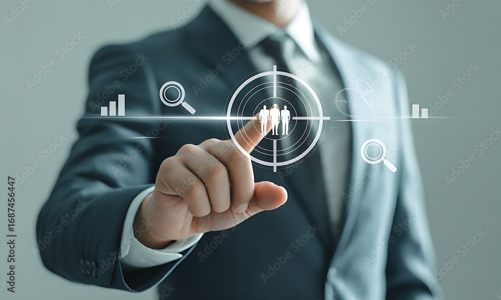 Poster businessman in suit using virtual target interface to select customer segment, ideal for illustratin
