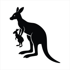 Black silhouette of a mother kangaroo with a joey in her pouch