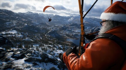 Santa Claus Paragliding Over Snowy Mountains with Reindeer in the Sky