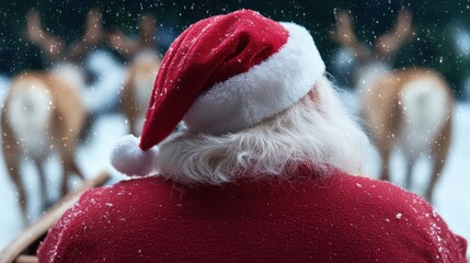 The beloved winter gift-giver, cloaked in iconic red, embarks on a snowy nocturnal journey, his loyal animal team leading the way through a frosted wonderland