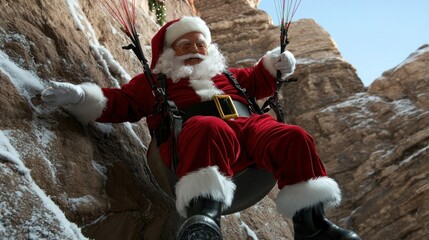 Santa Claus Paragliding Down a Rocky Cliffside in a Winter Wonderland