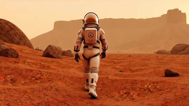 Astronaut walks on mars surface exploring red planet