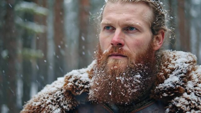 Red-haired viking warrior wearing leather armor and fur stands in snowy forest during snowfall