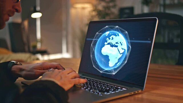 Hologram of planet earth is appearing on laptop screen while businessman is working