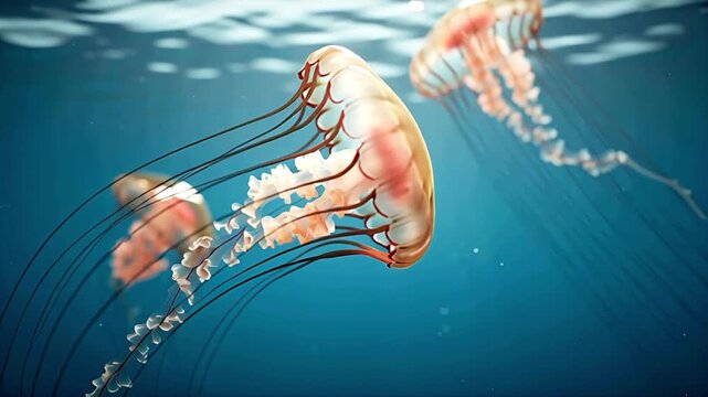 Pink jellyfish swim gracefully through the deep blue ocean