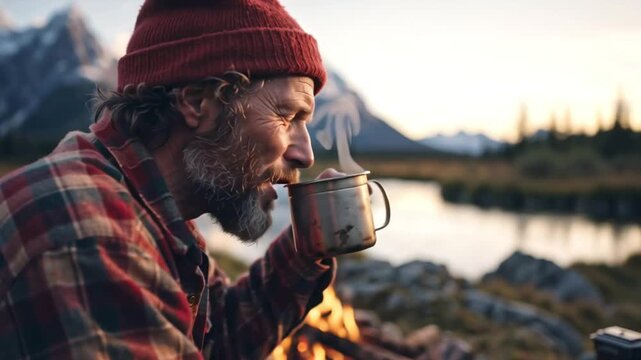 Man savoring a warm drink near a campfire, with stunning mountain scenery and a calm lake backdrop, evoking tranquility and adventure