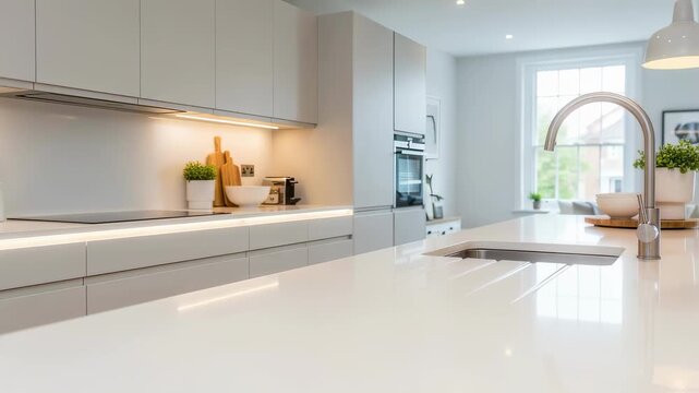 Bright kitchen remodel featuring glossy countertops and minimalist cabinetry reflecting current trends in interior renovation design.