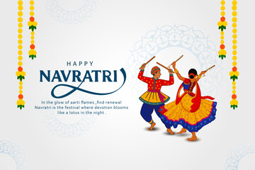 Happy Navratri Garba Dance Illustration with Traditional Couple and Floral Decoration