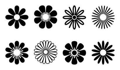 Collection of Eight Stylized Black and White Flower Icons