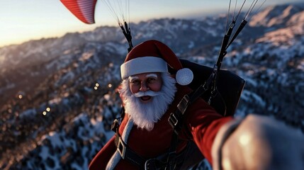 Santa Claus Soaring Through the Mountains with a Parachute A Festive Selfie Adventure
