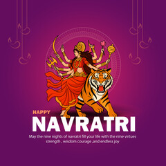 Happy Navratri Illustration of Goddess Durga with Tiger and Festival Greeting