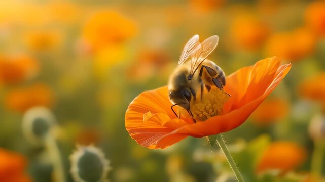solitary worker bee on orange flower