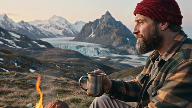 Bearded hiker enjoying a hot drink from a metal cup while sitting near a campfire, with a glacier and mountains in the background