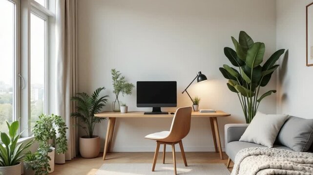 Vertical Contemporary apartment with a minimalist home office design. Wooden furniture, decorative plants and a cozy living room create a stylish spacious space perfect for work and relaxation.