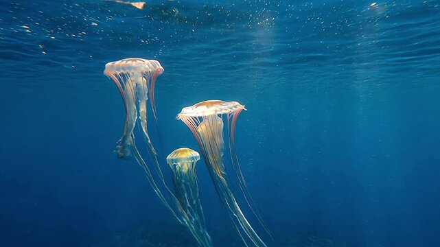 Couple of jellyfish swimming underwater in sunlight beams