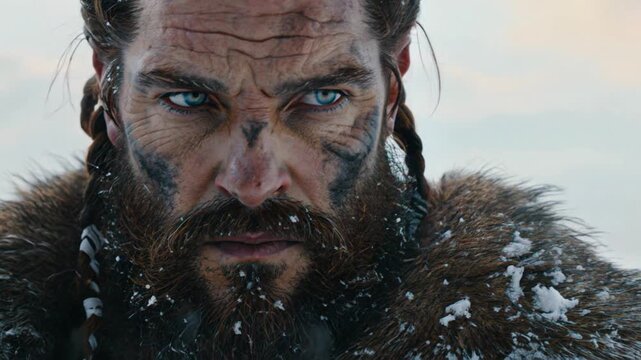 Viking man,  stands in a snowy landscape, his face adorned with tribal markings