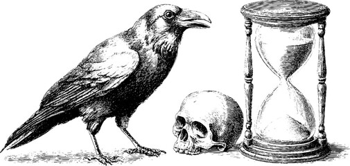 Engraved illustration set of crow, skull, and hourglass for retro design