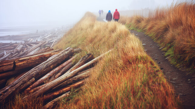 Asian couple walking along remote beach trail lined with driftwood and dunes in early morning haze with soft natural light and quiet mood - Powered by Adobe