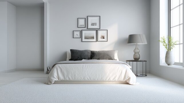 vase on metal table and grey lamp in spacious bedroom with white carpet and gallery on wall above bed no logos no brands ar 169