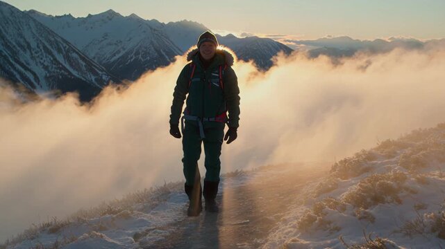 Adventurous hiker walking through misty mountain landscape at sunrise