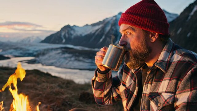 Bearded camper sipping hot coffee by a campfire, surrounded by breathtaking mountain landscape during sunrise. Captures the essence of outdoor adventure and relaxation