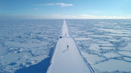 Drone view of polar expedition ship cutting through Arctic ice with tiny couple standing at deck rail, lonely path through endless white ice field under pale blue sky, serene exploration mood