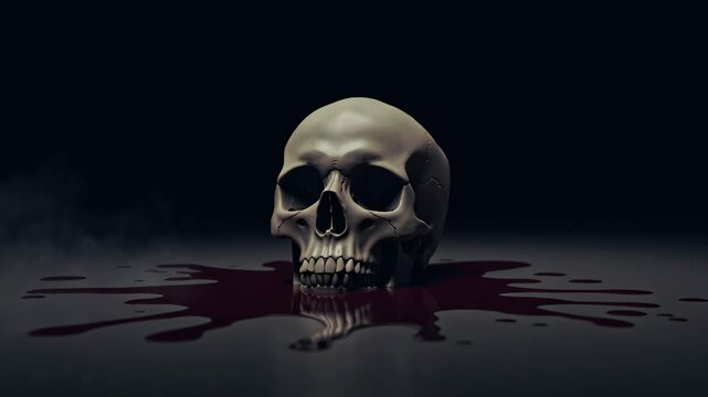 Human skull placed on dark surface with pool of blood. Horror projects, halloween visuals, dark entertainment