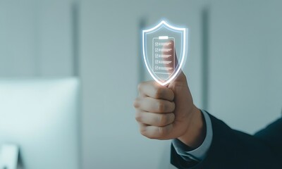 Businessman holding digital shield with checklist hologram, ideal for illustrating cybersecurity compliance and secure data management concepts