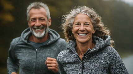 Fototapeta premium cheerful caucasian couple running outdoors fitness exercise active jogging morning wellness energy motion athletic training fun happy healthy lifestyle people together nature