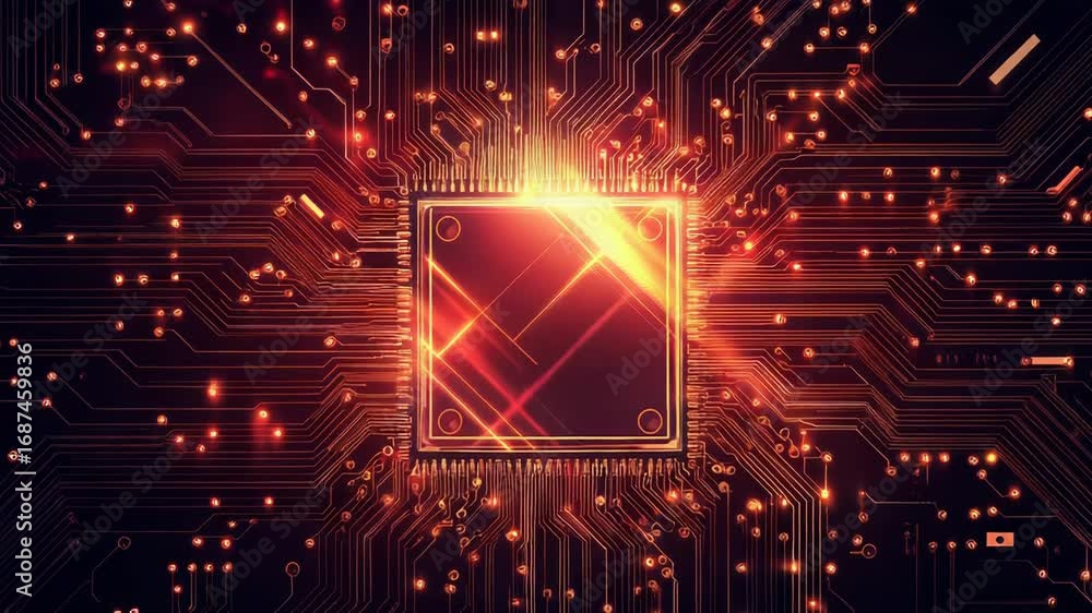 Poster cpu processing data on circuit board with orange lights