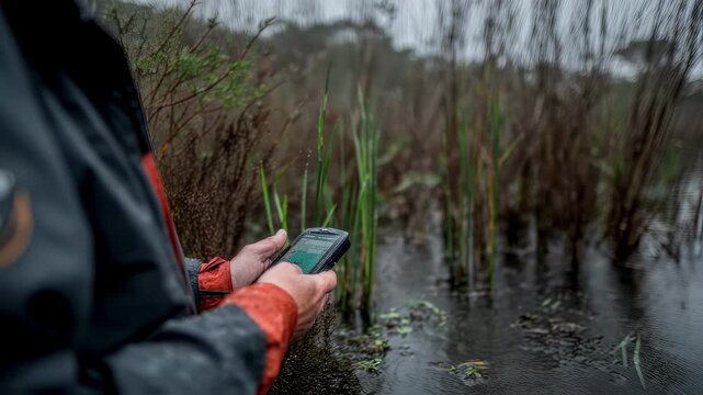 Medium shot showing a wetland ecologist recording GPS coordinates on a handheld device with outoffocus reeds and soggy earth in the distance.